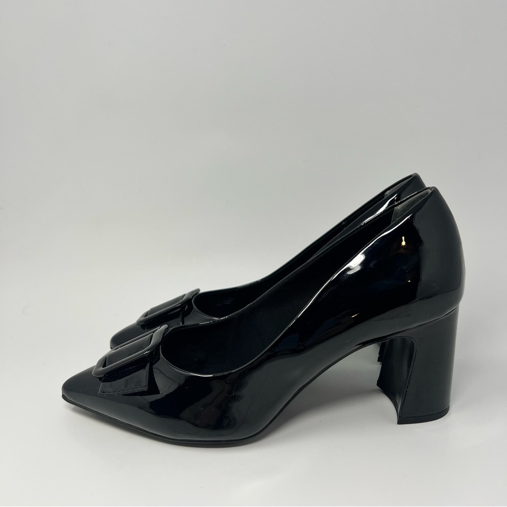 Anne Klein Black Patent Block Heel Pumps with Buckle - Picture 5 of 7